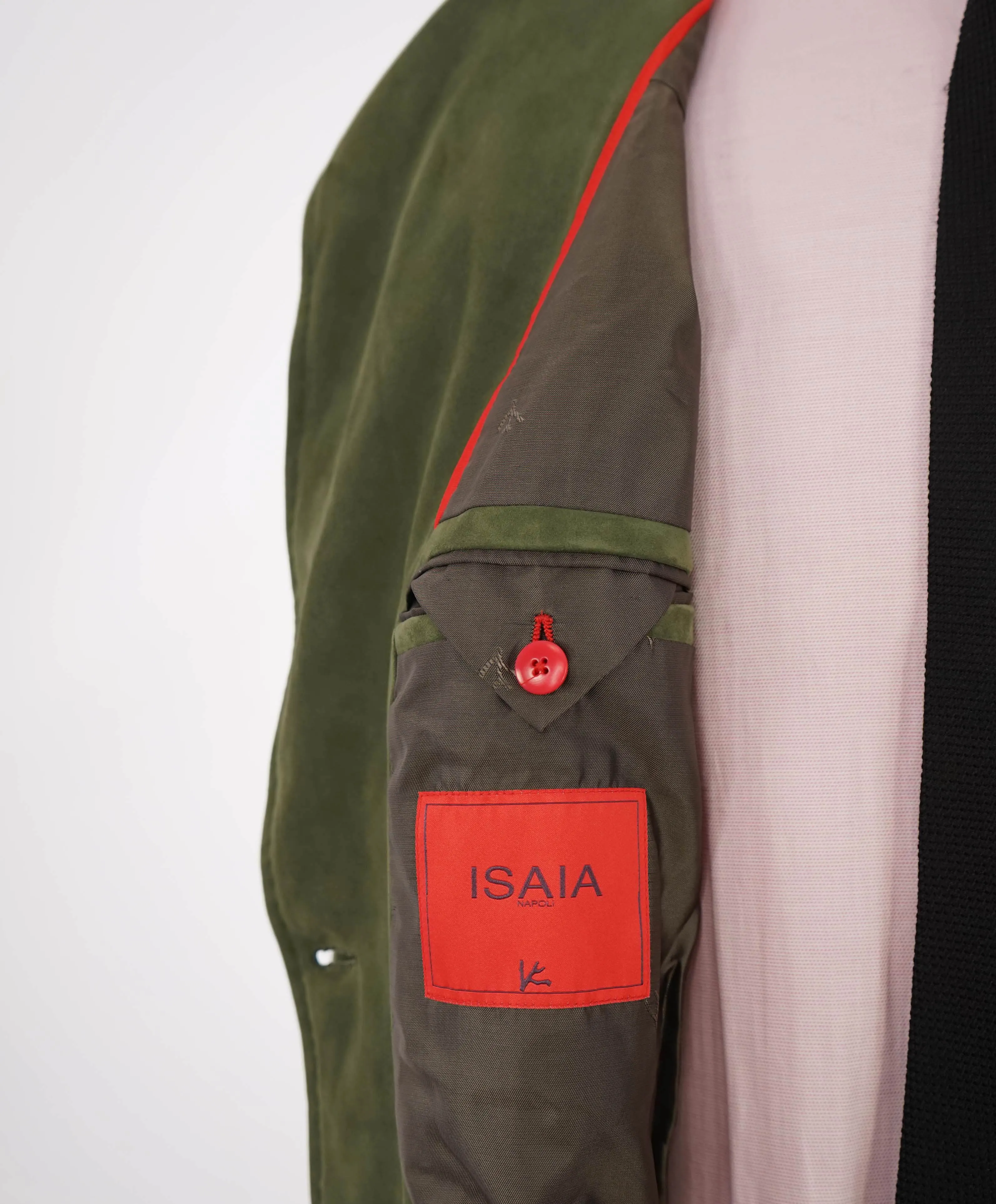 $5,750 ISAIA - Green SUEDE Double Breasted Peak Lapel Jacket Blazer - 46R