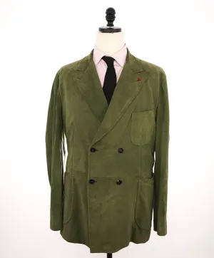 $5,750 ISAIA - Green SUEDE Double Breasted Peak Lapel Jacket Blazer - 46R