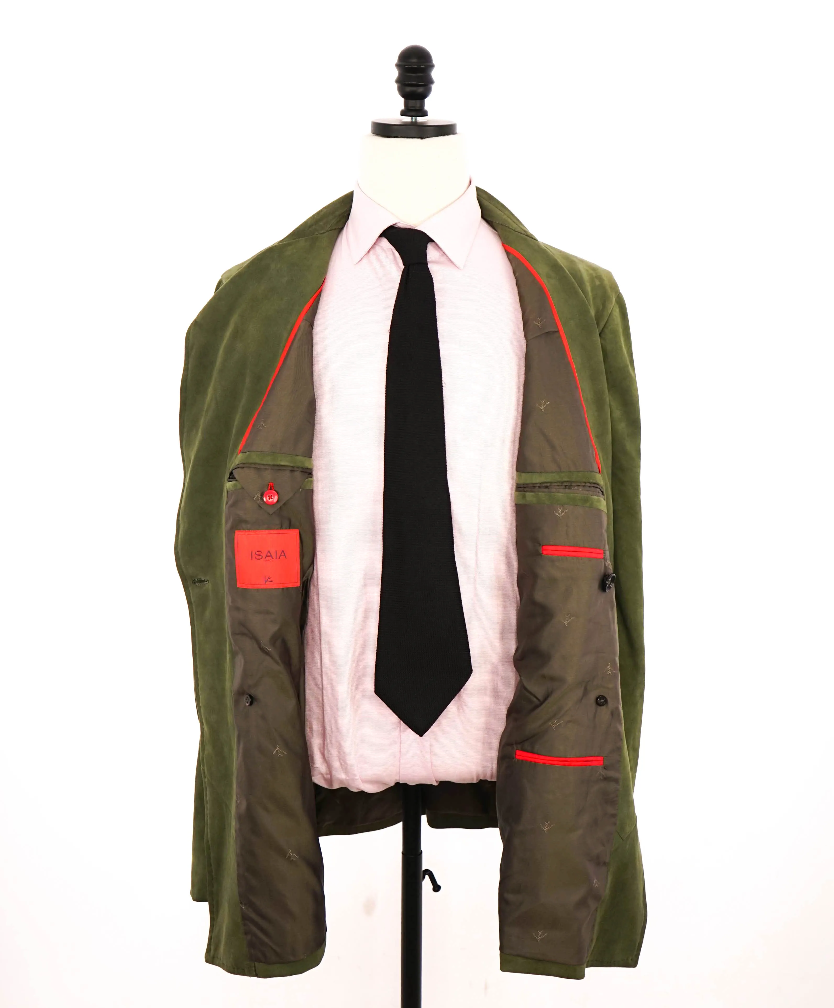 $5,750 ISAIA - Green SUEDE Double Breasted Peak Lapel Jacket Blazer - 46R