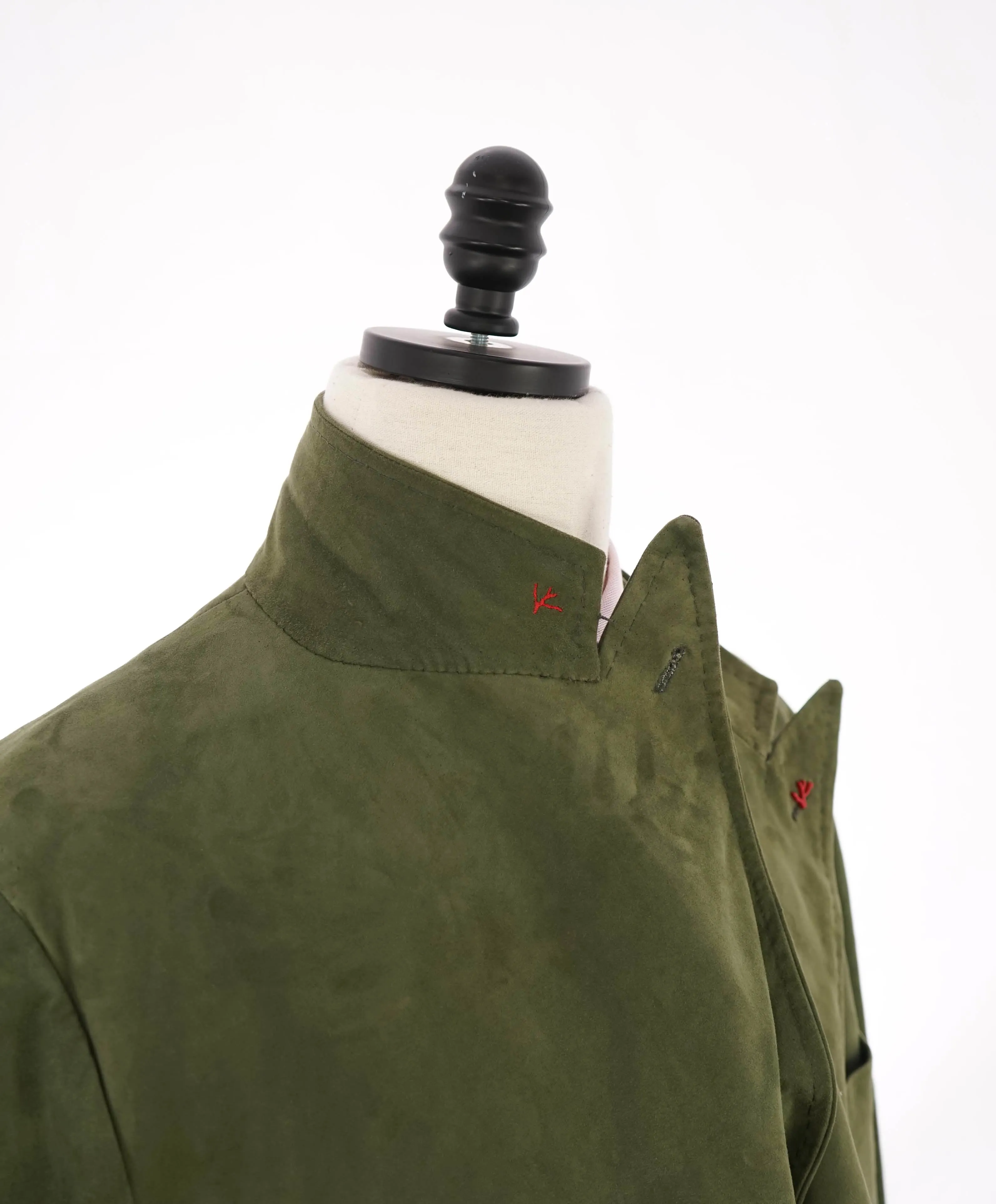 $5,750 ISAIA - Green SUEDE Double Breasted Peak Lapel Jacket Blazer - 46R