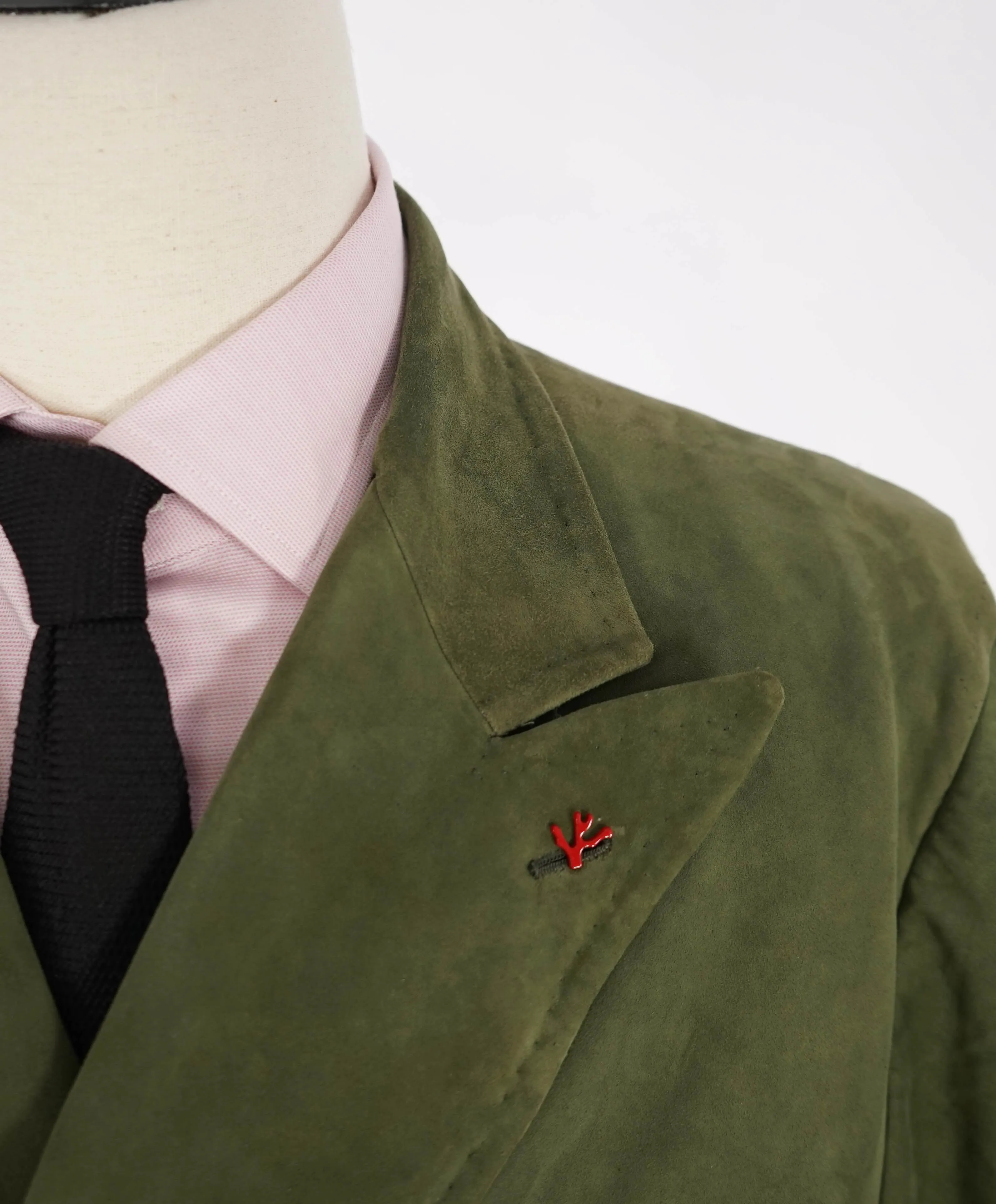 $5,750 ISAIA - Green SUEDE Double Breasted Peak Lapel Jacket Blazer - 46R