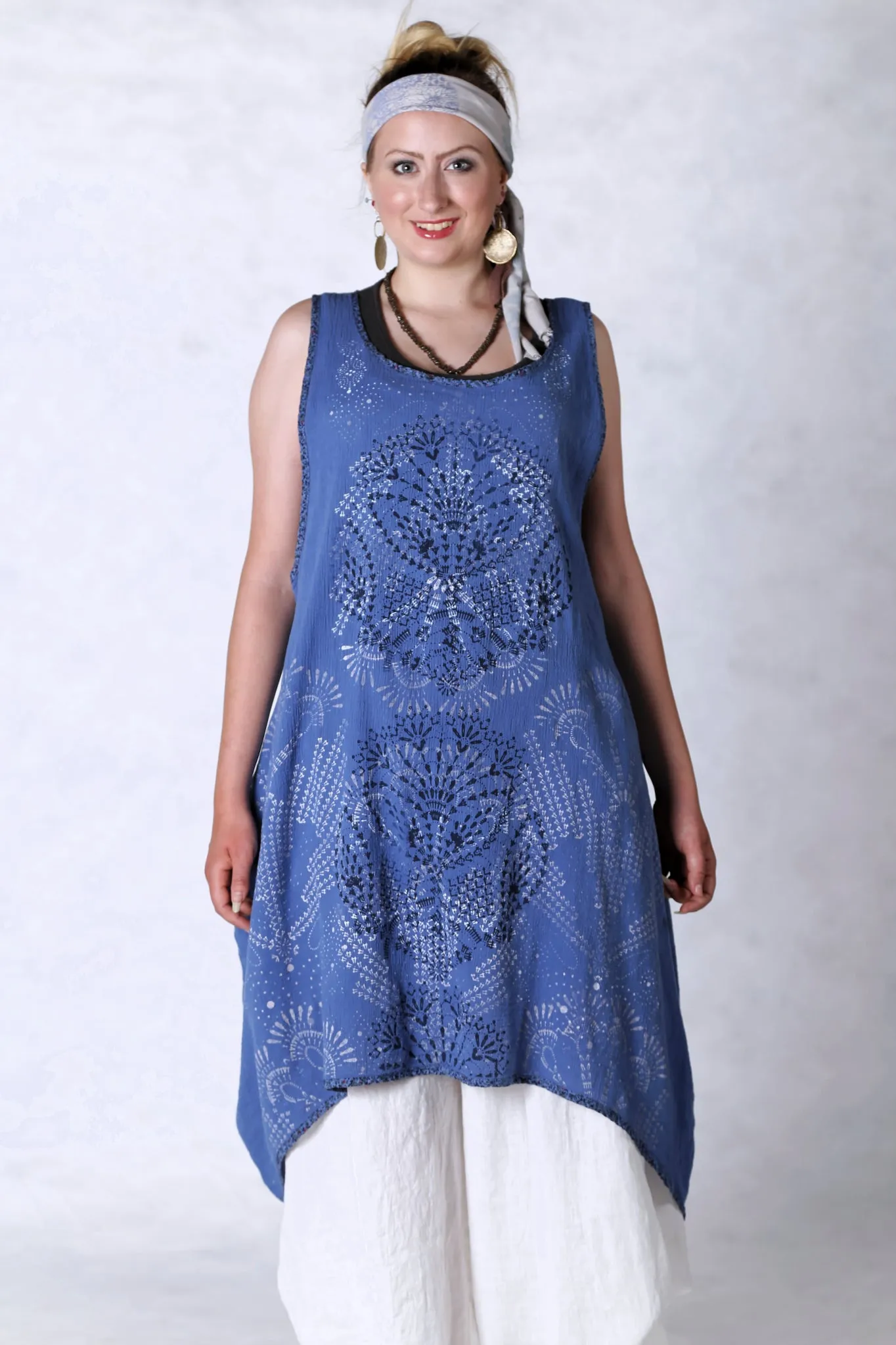 6207 Gauze Shift w/Floral Trim-Azure-Doubled Lace Black & White Pattern
