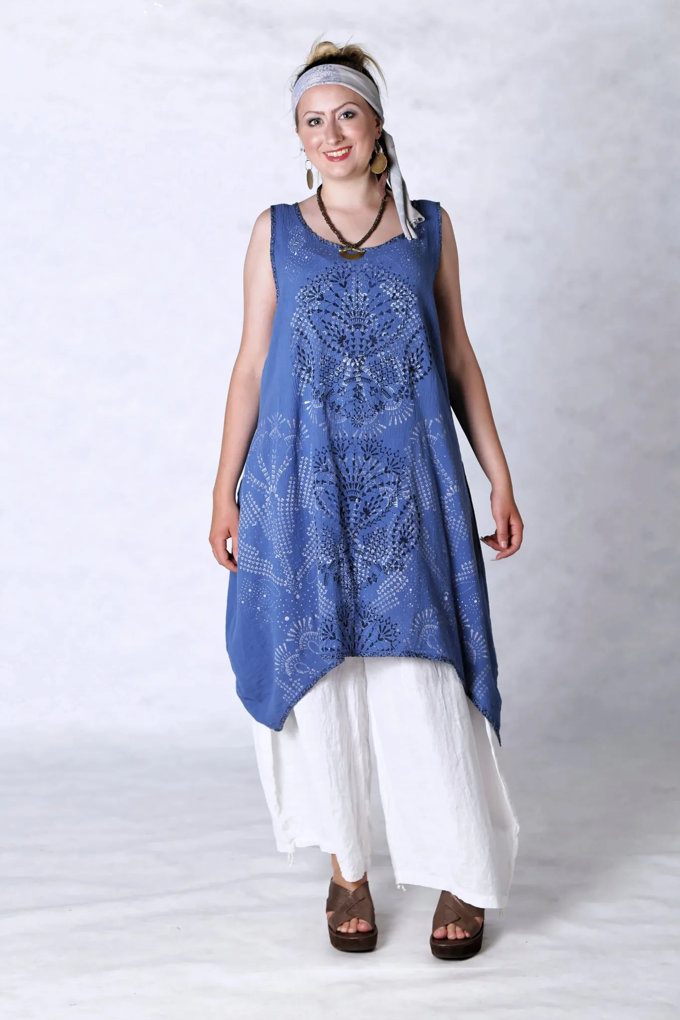6207 Gauze Shift w/Floral Trim-Azure-Doubled Lace Black & White Pattern