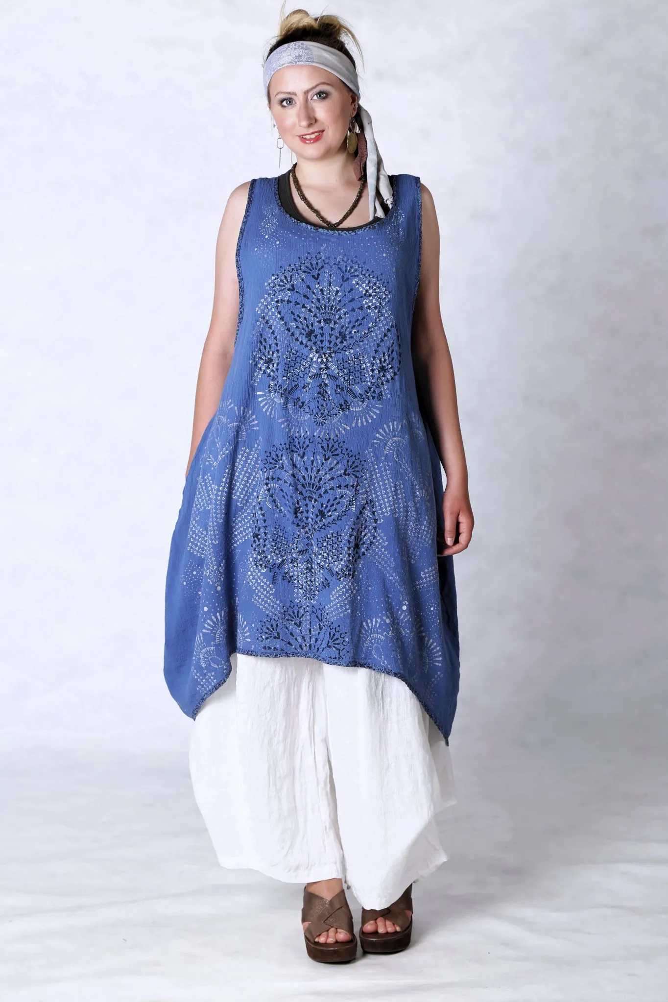 6207 Gauze Shift w/Floral Trim-Azure-Doubled Lace Black & White Pattern