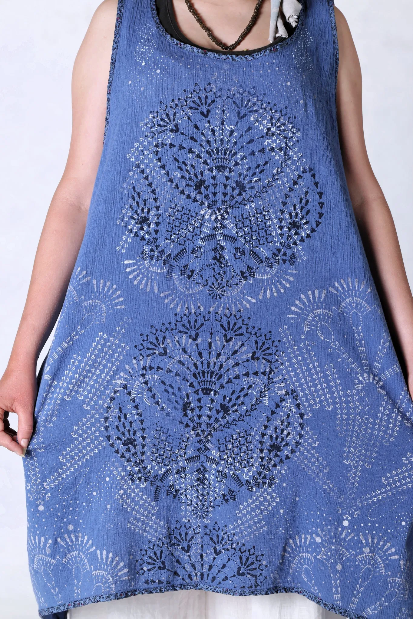 6207 Gauze Shift w/Floral Trim-Azure-Doubled Lace Black & White Pattern
