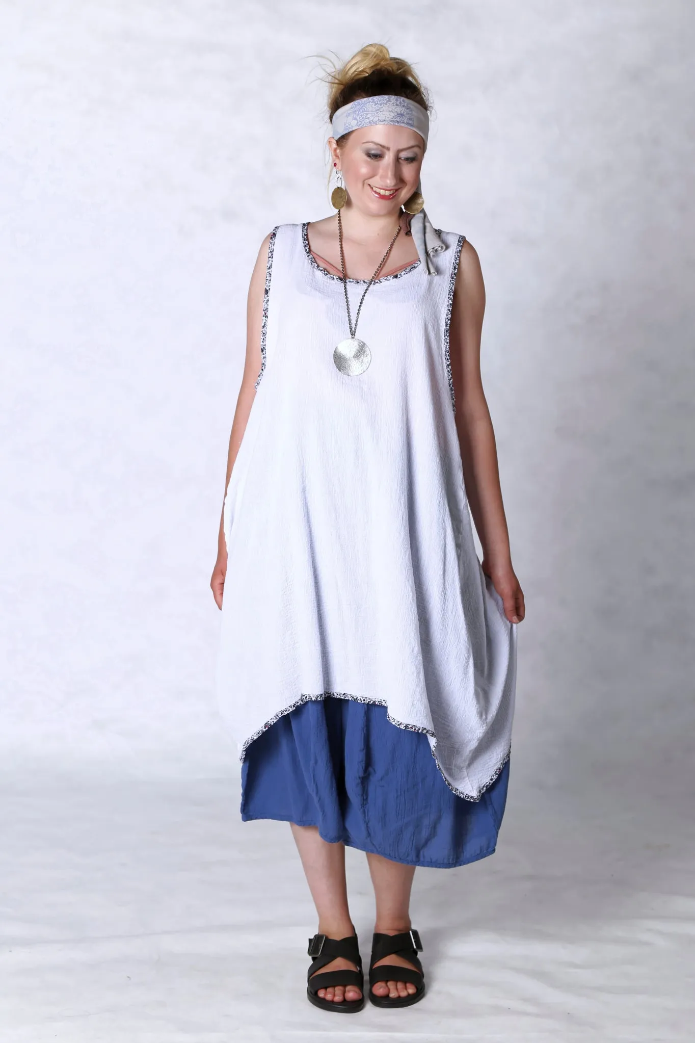 6207 Gauze Shift w/Floral Trim-White-U