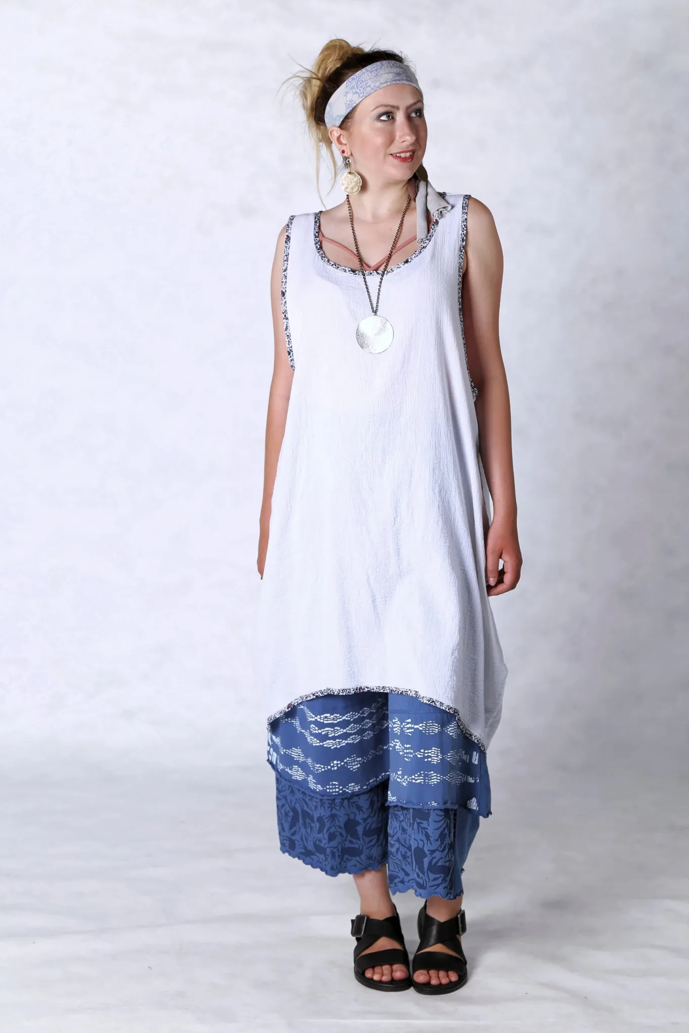 6207 Gauze Shift w/Floral Trim-White-U