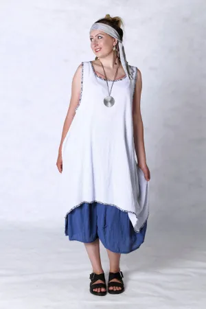 6207 Gauze Shift w/Floral Trim-White-U