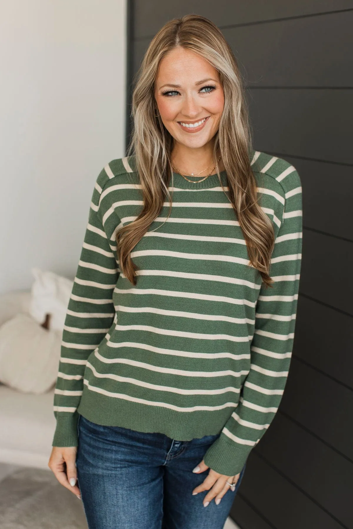 A New Path Striped Knit Sweater- Kale
