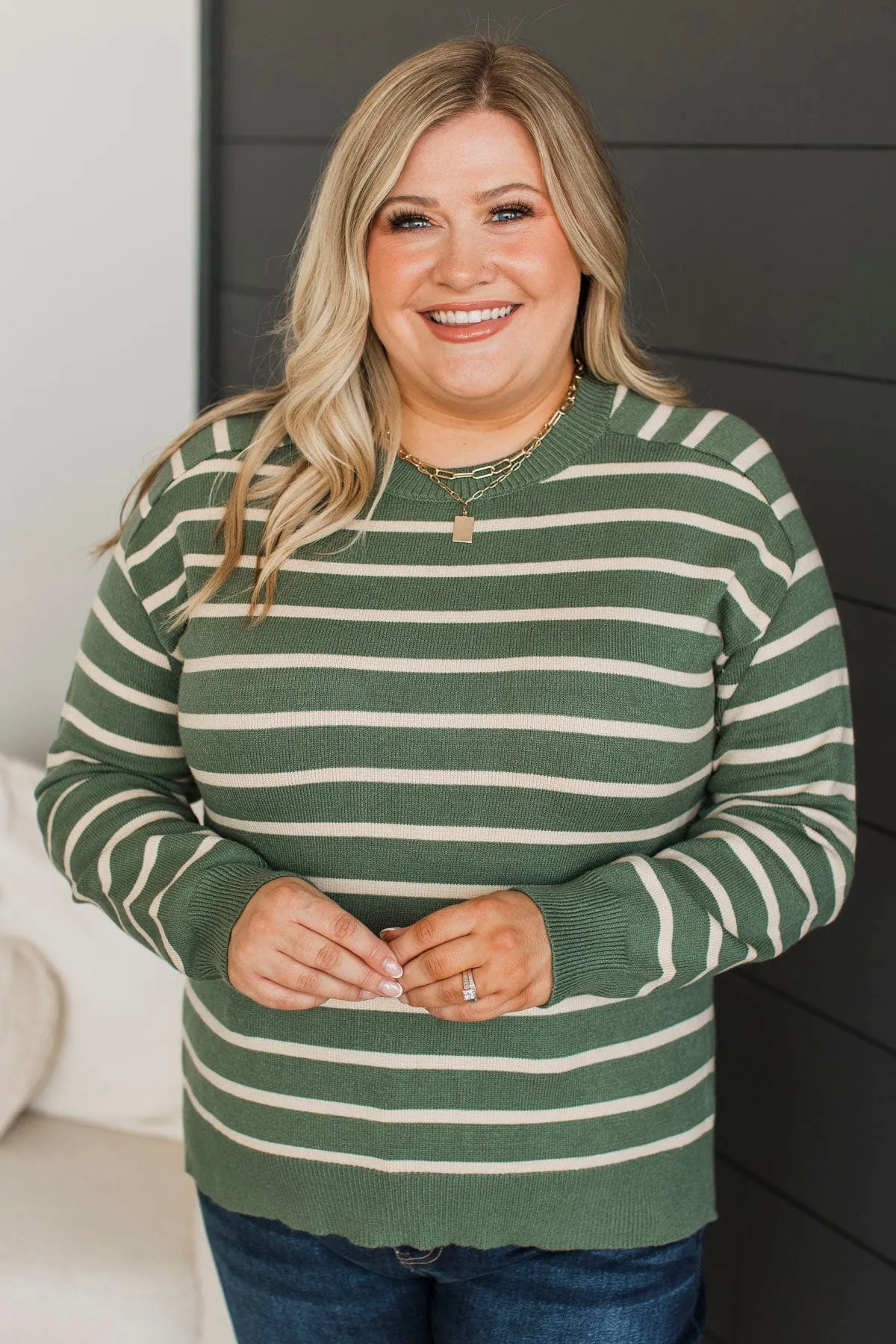 A New Path Striped Knit Sweater- Kale