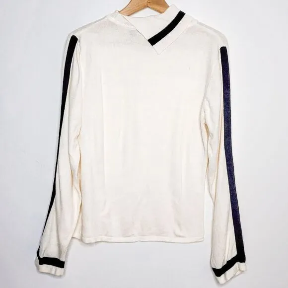 A.L.C. White Black Striped Shawl Turtleneck Collar Lightweight Preppy Sweater L