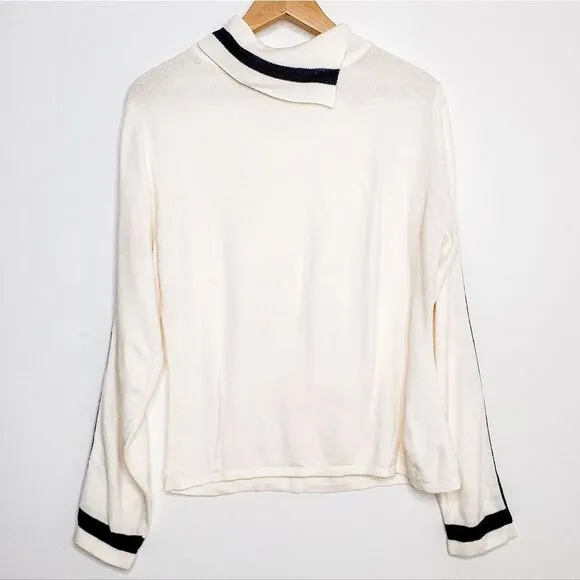 A.L.C. White Black Striped Shawl Turtleneck Collar Lightweight Preppy Sweater L