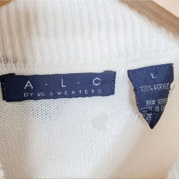 A.L.C. White Black Striped Shawl Turtleneck Collar Lightweight Preppy Sweater L