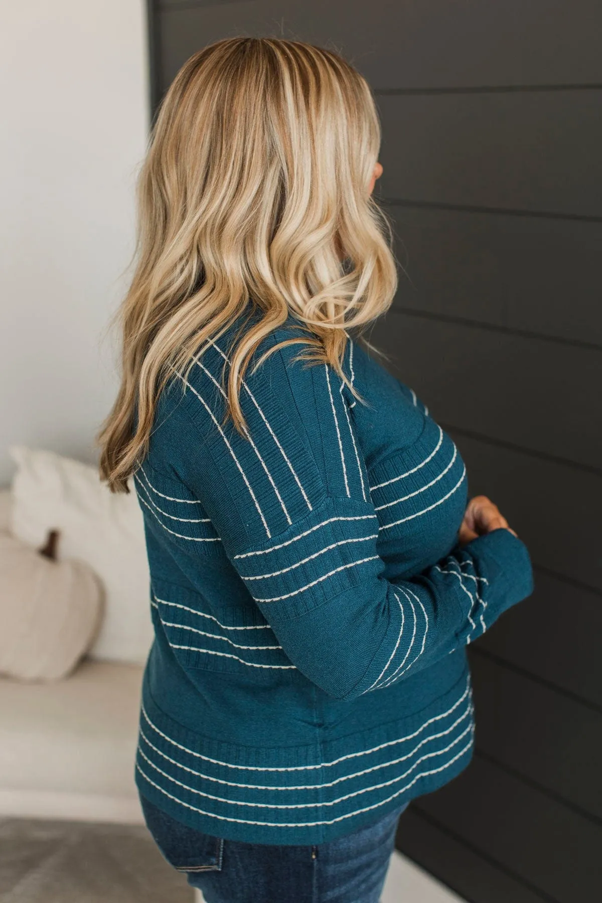 All At Once Stitch Stripe Sweater- Dark Teal