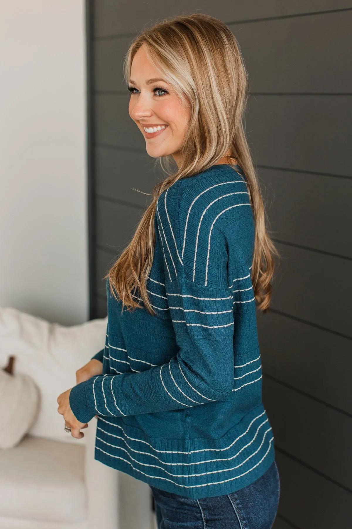 All At Once Stitch Stripe Sweater- Dark Teal