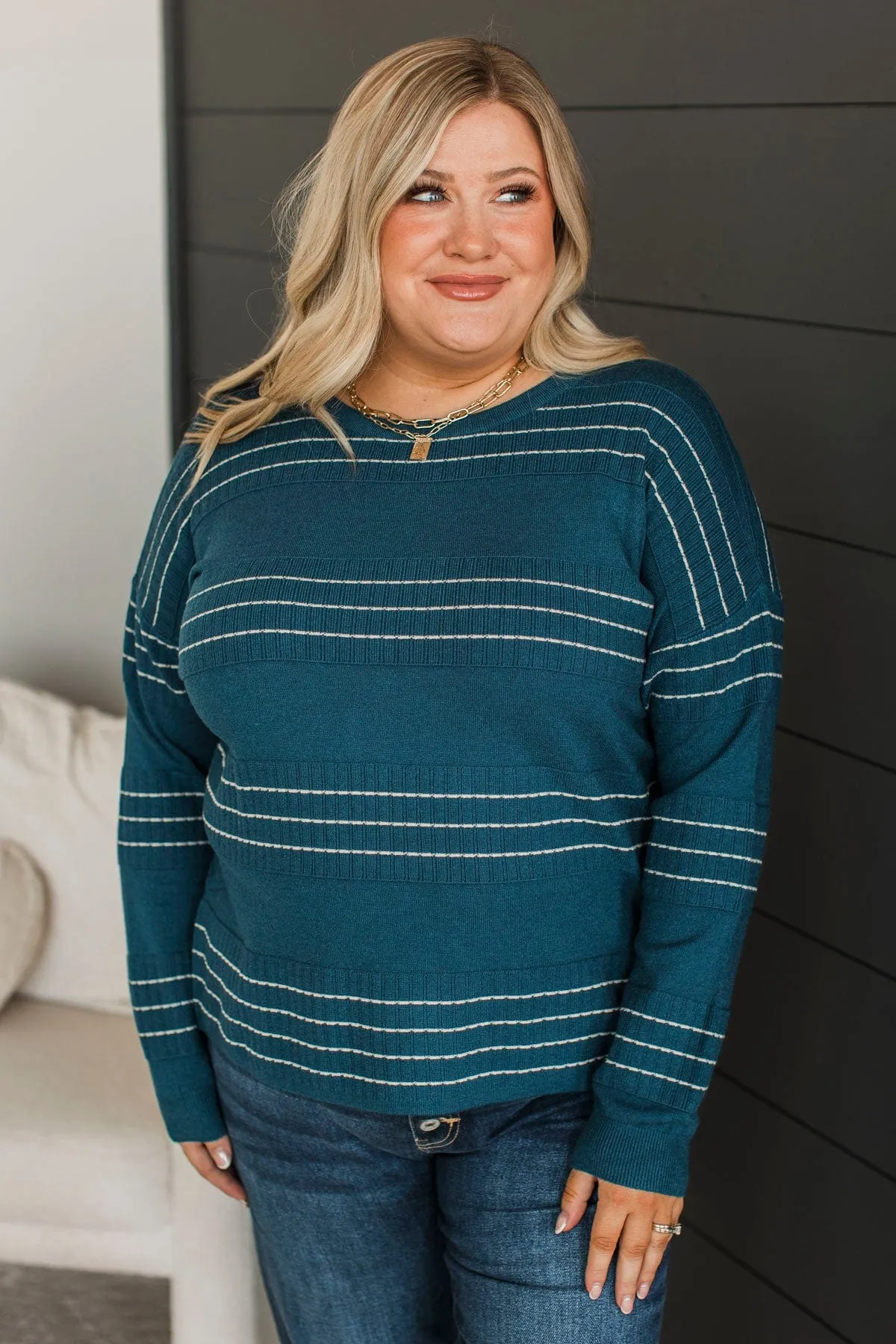 All At Once Stitch Stripe Sweater- Dark Teal