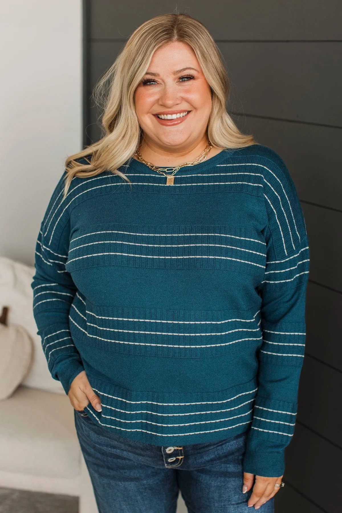 All At Once Stitch Stripe Sweater- Dark Teal