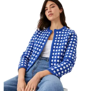 Ann Taylor Geo Stitch Sweater Jacket Cardigan Chunky Knit Women's M Blue White