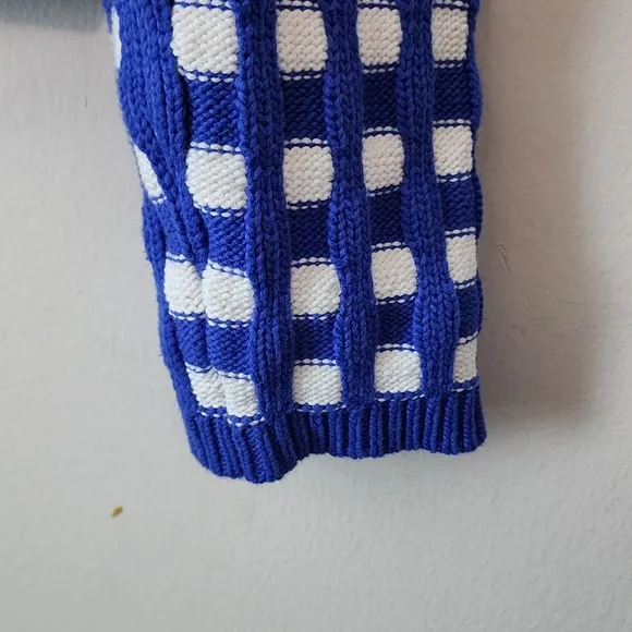 Ann Taylor Geo Stitch Sweater Jacket Cardigan Chunky Knit Women's M Blue White