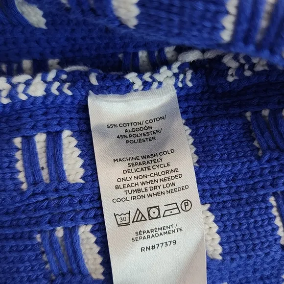 Ann Taylor Geo Stitch Sweater Jacket Cardigan Chunky Knit Women's M Blue White