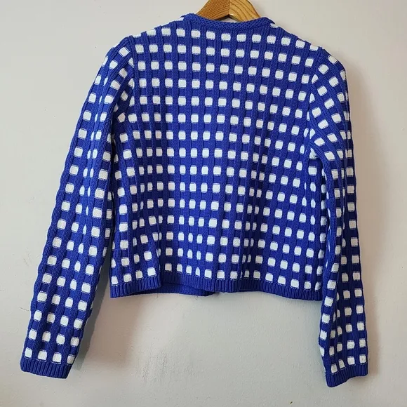 Ann Taylor Geo Stitch Sweater Jacket Cardigan Chunky Knit Women's M Blue White