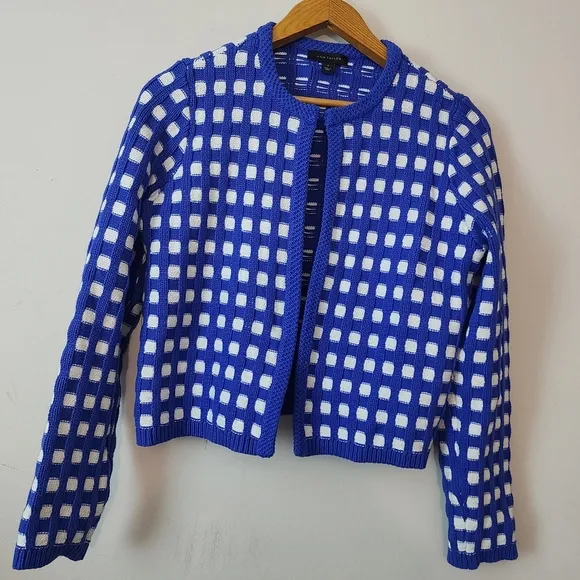 Ann Taylor Geo Stitch Sweater Jacket Cardigan Chunky Knit Women's M Blue White