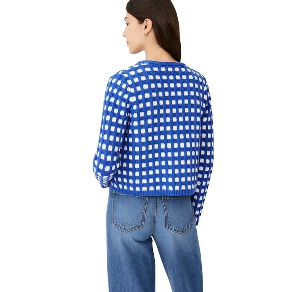 Ann Taylor Geo Stitch Sweater Jacket Cardigan Chunky Knit Women's M Blue White