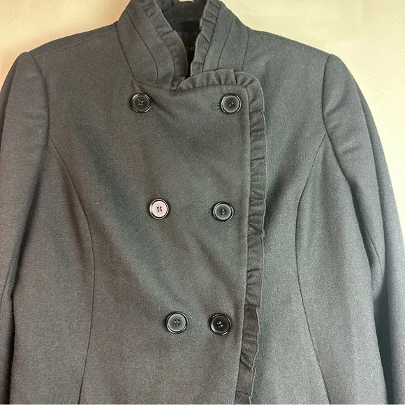 Ann Taylor Petite Black Double Breasted Ruffled Funnel Neck Coat/Blazer SzMP