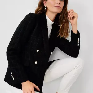 Ann Taylor The Tweed Double Breasted Blazer In Black 599327 Size 2