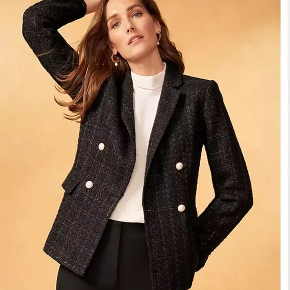 Ann Taylor The Tweed Double Breasted Blazer In Black 599327 Size 2