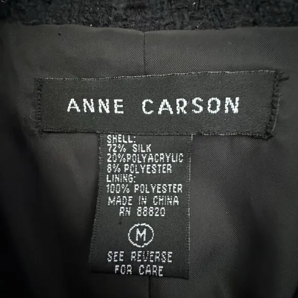 Anne Carson Silk Blend Blazer M Black Plaid Raw Trim Floral Brooch Boho Witchy