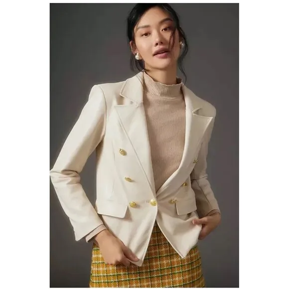 Anthropologie Nico Faux Leather Double Breasted Blazer Size M Ivory