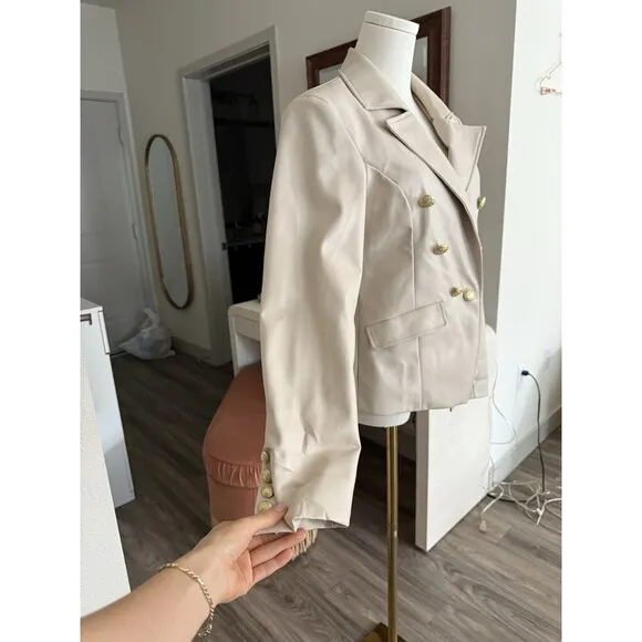Anthropologie Nico Faux Leather Double Breasted Blazer Size M Ivory
