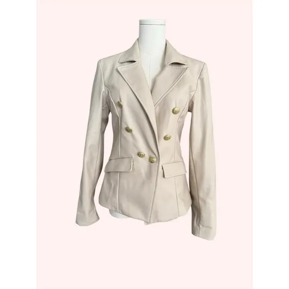 Anthropologie Nico Faux Leather Double Breasted Blazer Size M Ivory