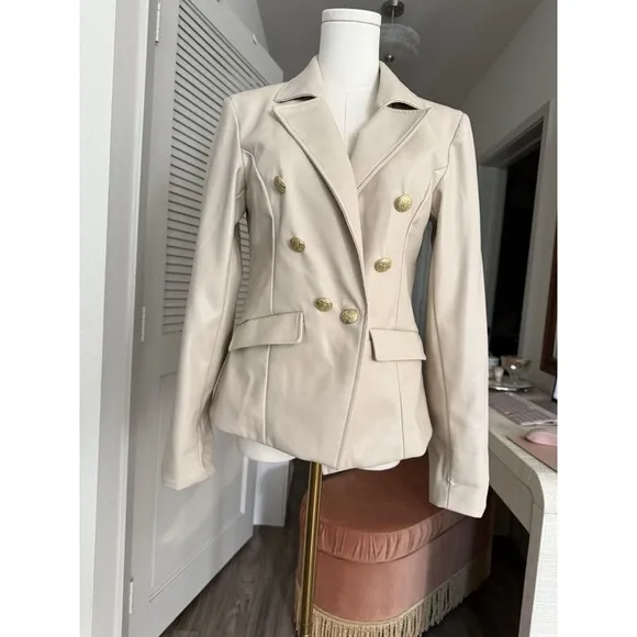 Anthropologie Nico Faux Leather Double Breasted Blazer Size M Ivory