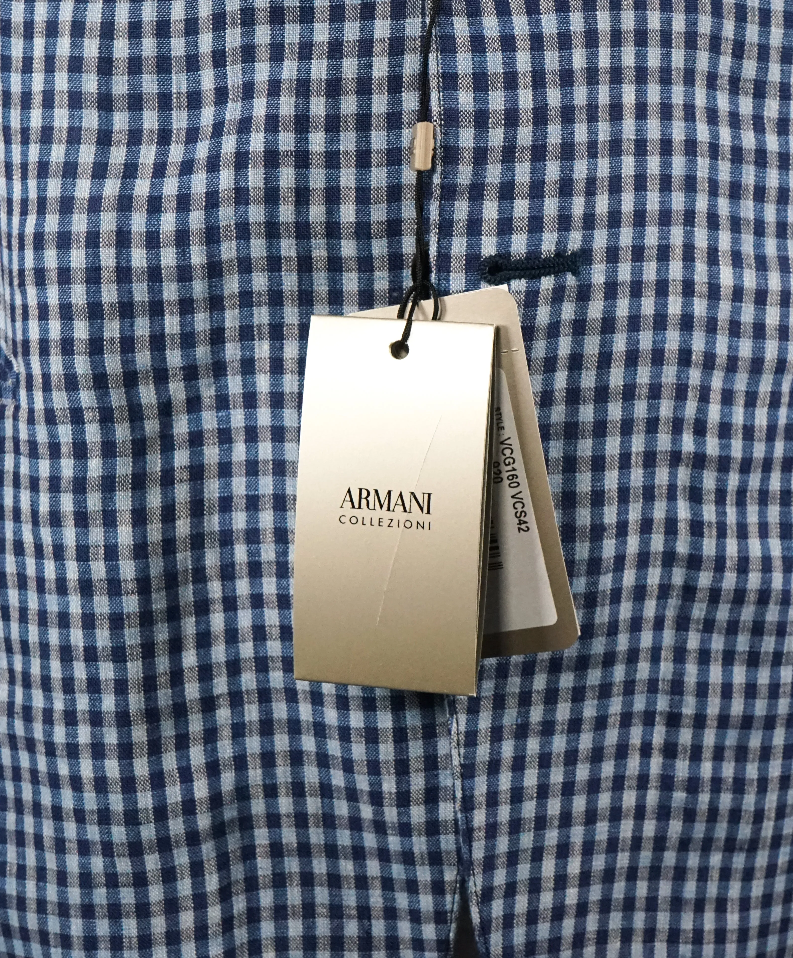 ARMANI COLLEZIONI - Blue & Navy Plaid Check Ultra Light Linen Blazer - 40R