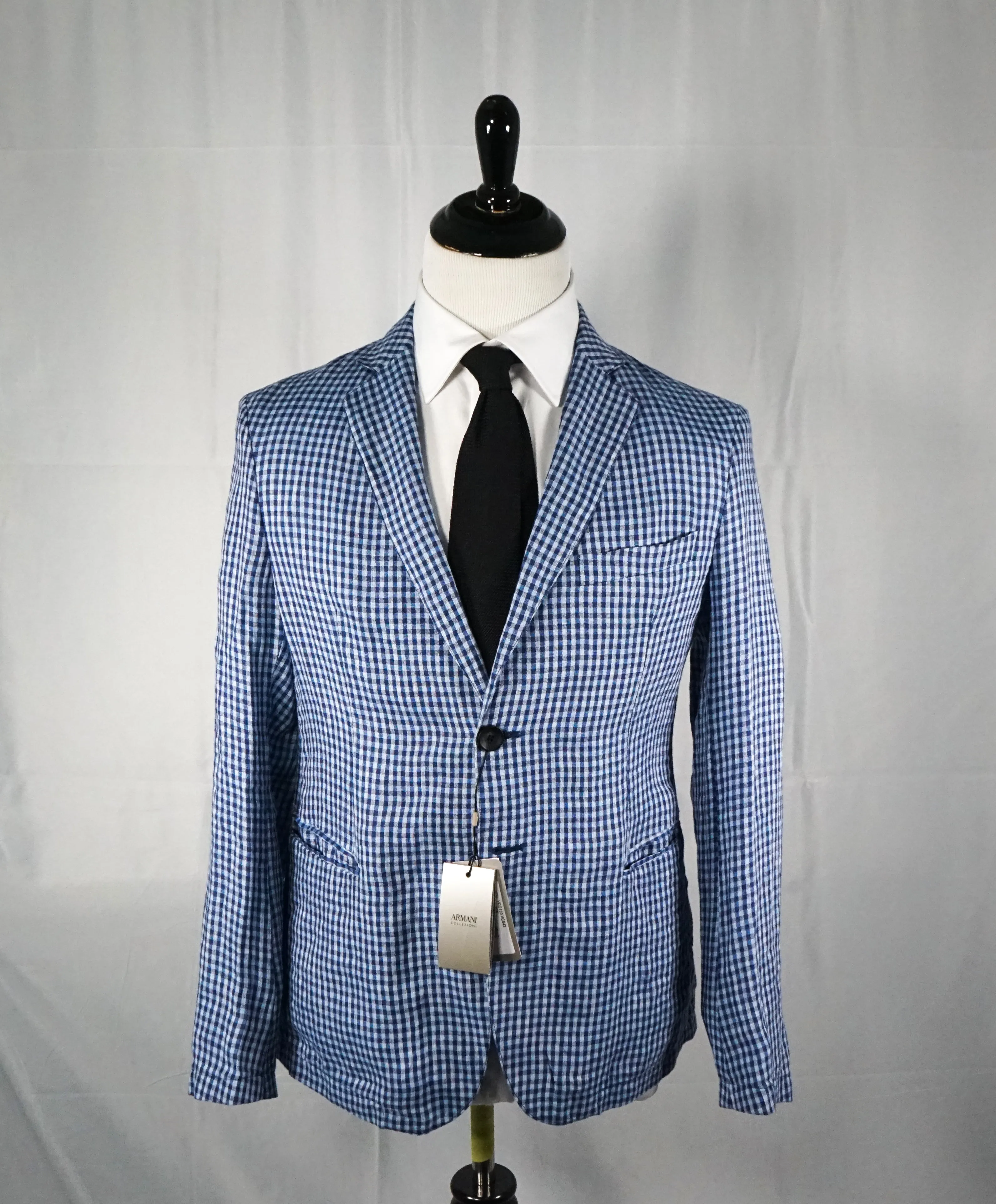 ARMANI COLLEZIONI - Blue & Navy Plaid Check Ultra Light Linen Blazer - 40R