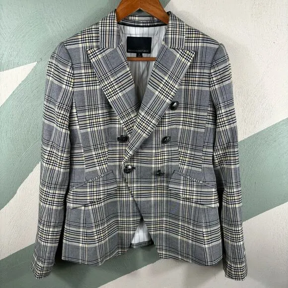 Banana Republic Women's Size 2 Gray Double Breasted Plaid Cadet Blazer Jacket