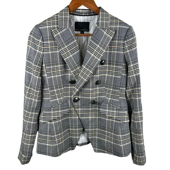 Banana Republic Women's Size 2 Gray Double Breasted Plaid Cadet Blazer Jacket