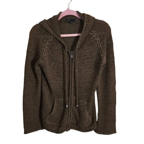 BCBGMAXAZRIA Brown Full Zip Hooded Cardigan Sweater Size L