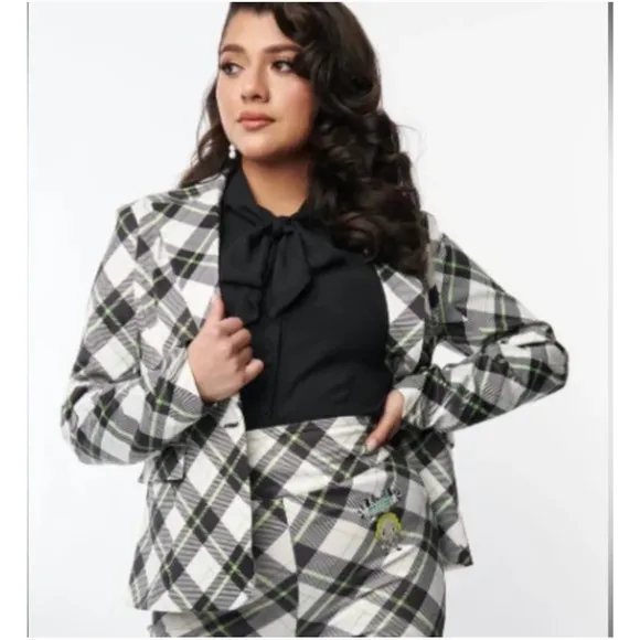 Beetle Juice Unique Vintage Cosplay Green Black Plaid Jacket Blazer Sz 1X (16)