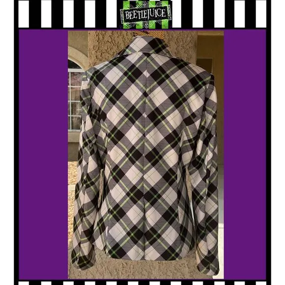 Beetle Juice Unique Vintage Cosplay Green Black Plaid Jacket Blazer Sz 1X (16)