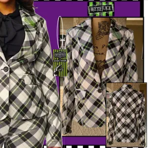 Beetle Juice Unique Vintage Cosplay Green Black Plaid Jacket Blazer Sz 1X (16)