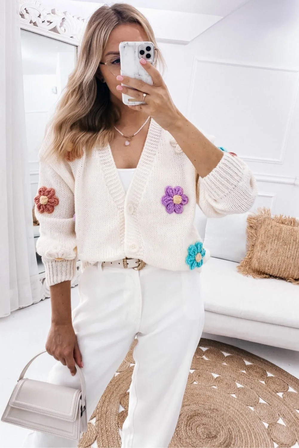 Beige Cute Flower Embellished Buttoned Cardigan Sweater