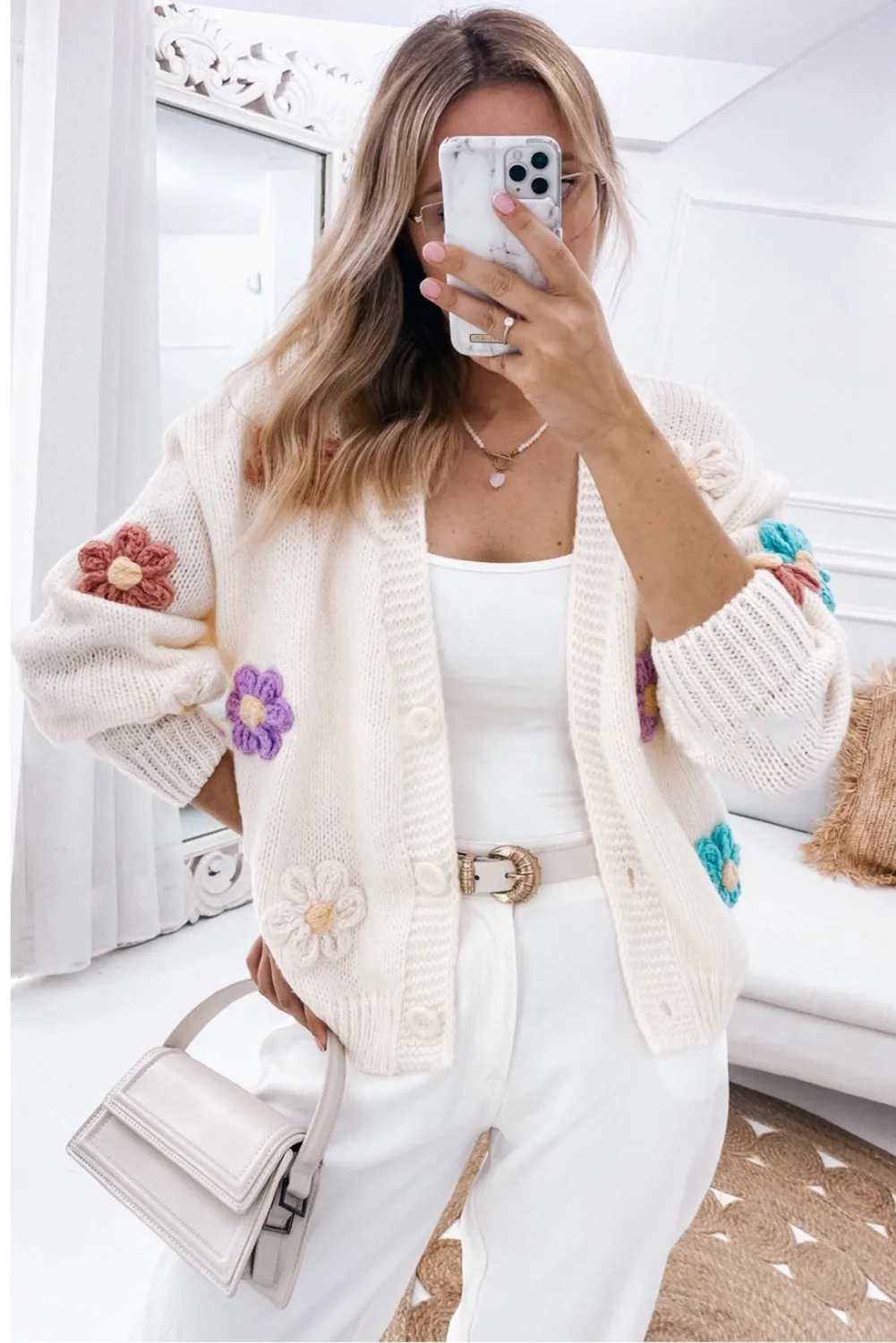 Beige Cute Flower Embellished Buttoned Cardigan Sweater