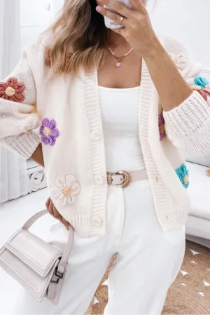 Beige Cute Flower Embellished Buttoned Cardigan Sweater