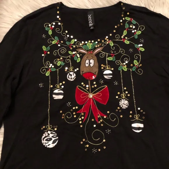 Berek Christmas Rudolph Beaded Sequins Embroidery Holidays Black Knit Sweater XL
