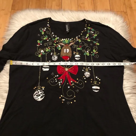 Berek Christmas Rudolph Beaded Sequins Embroidery Holidays Black Knit Sweater XL