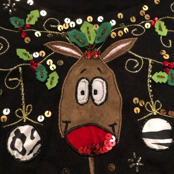Berek Christmas Rudolph Beaded Sequins Embroidery Holidays Black Knit Sweater XL
