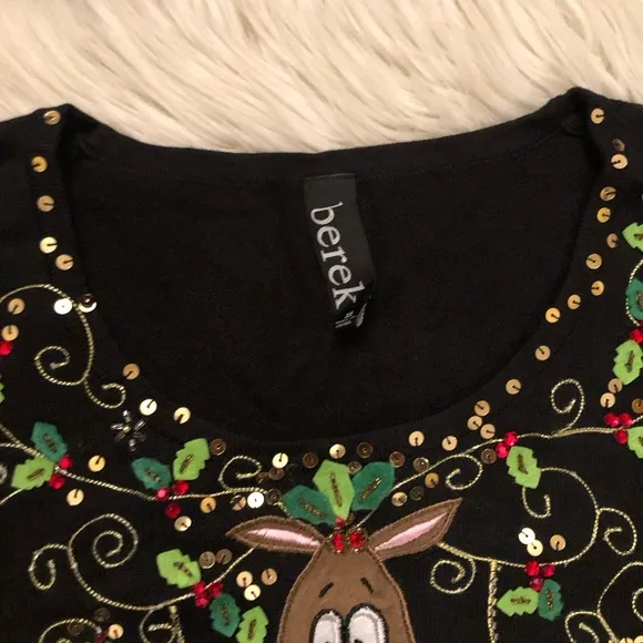 Berek Christmas Rudolph Beaded Sequins Embroidery Holidays Black Knit Sweater XL